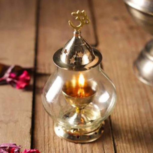 Akhand Diya Oil Lamp With Glass Cover Brass for Puja Home Decor Brass Table Diya