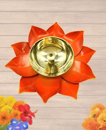 Brass Lotus Flower Diya Lamp In Orange- Puja N Pujari