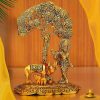 Metal Lord Krishna with Cow Idol Standing Under Tree Decorative Showpiece