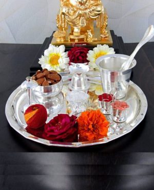 8 Inch Mini Shubh Labh Silver Plated Pooja Thali Set