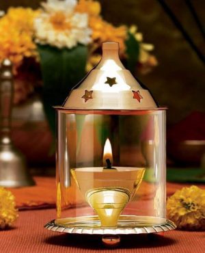 Gold Brass Akhand Diya with Glass Cover/ Diwali Oil Lamp