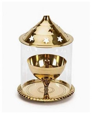 Gold Brass Akhand Diya with Glass Cover/ Diwali Oil Lamp