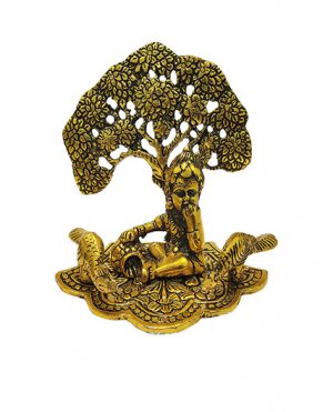 Metal Krishna Antique Golden Sitting Under Tree