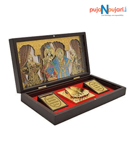 Gold Plated Radha Krishna Photo Frame with Charan Paduka