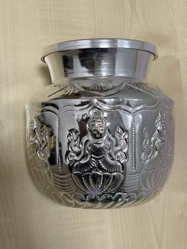 Ashta Lakshmi Design Pooja Chambu Kalash Lota of White Metal for Puja