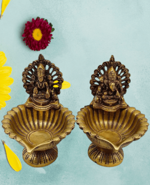 Brass Pooja Diya With Lakshmi Ganesha Idol- Puja N Pujari