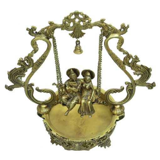 Brass Urli with Radha Krishna on a Swing  2.25  feet height - Image 2
