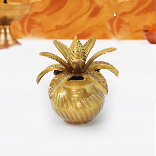 Brass Kalash with Coconut,Mango Leaves, mangal Kalasha Nariyal and Leafs - Image 2