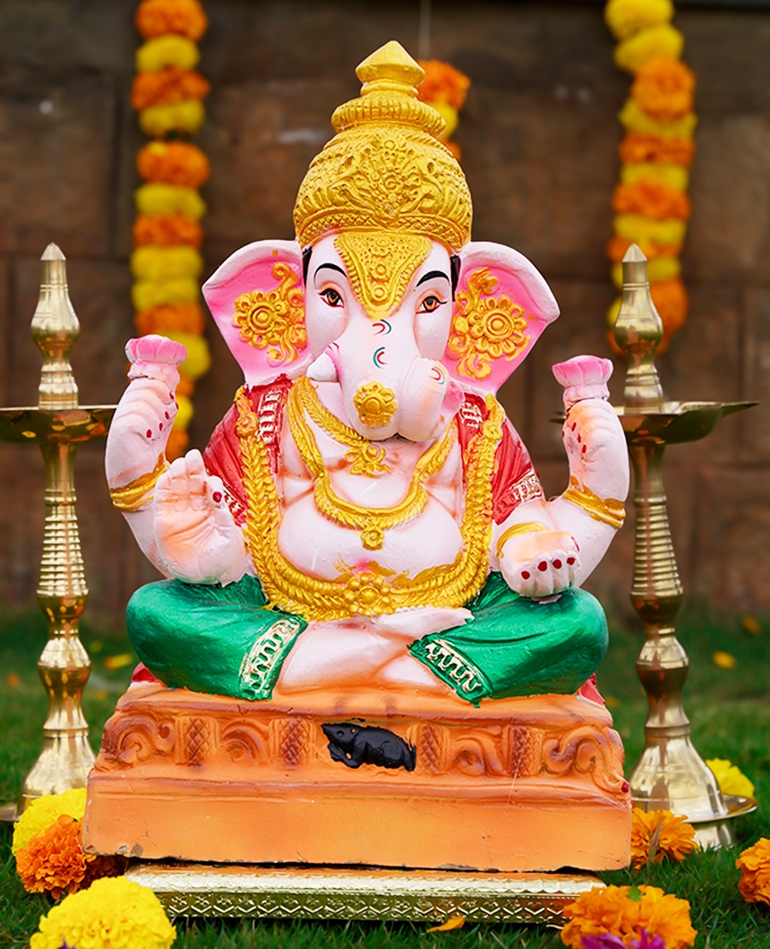 Extra Big Clay Ganesha with Decoration -1.5 Feet