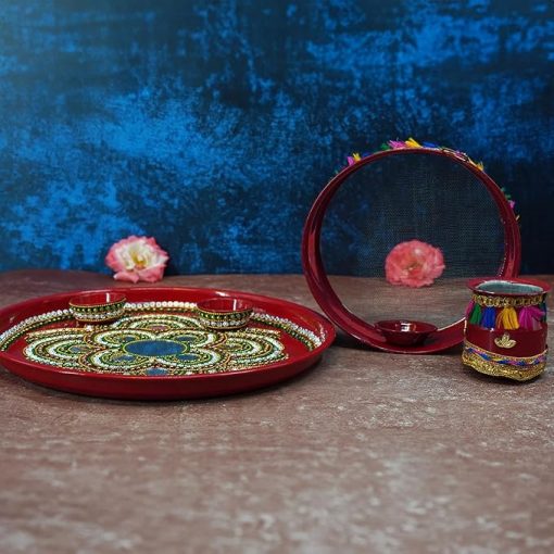 Karwa Chauth Pooja thali/Kalash, Chalni for Chand Pooja , Kalash, Diya, and Bowls | Trafitional Pooja Thali. - Image 2