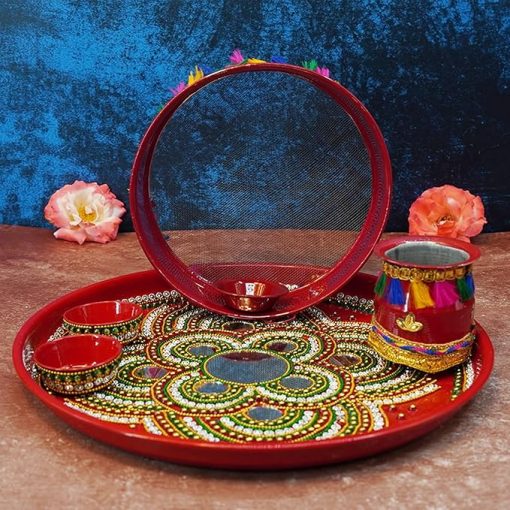 Karwa Chauth Pooja thali/Kalash, Chalni for Chand Pooja , Kalash, Diya, and Bowls | Trafitional Pooja Thali.