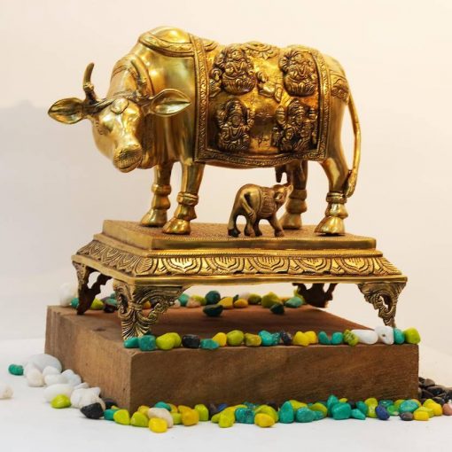 Brass Kamdhenu Cow and Calf with Astalakshmi Design Idol Statue - Home Decor/Office Decorative. - Image 4