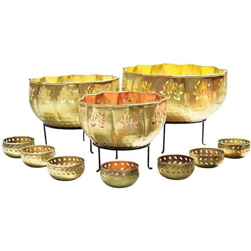 Urli with Stand Pot for Floating Flower/Candle Festival Decoration Urli Bowl Diwali - Urli Bowl for Home Decoration Iron Lotus (Set of 3). - Image 2