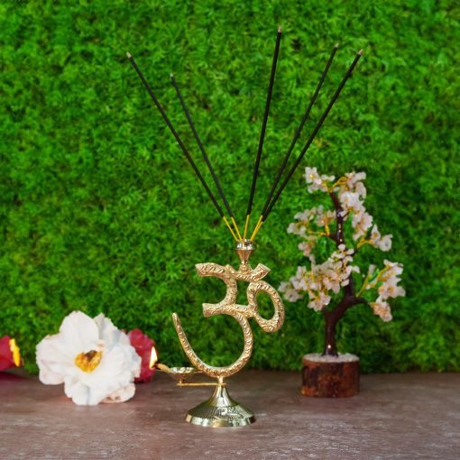 Om Symbol with Brass Diya Oil Lamp and Incense Holder,Table top Brass Diya with Agarbatti Stand. ( 17 Cm Height). - Image 4
