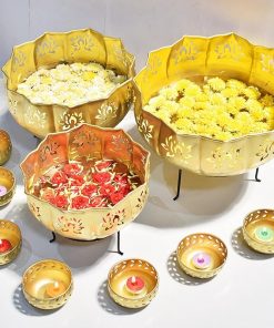 Urli with Stand Pot for Floating Flower/Candle Festival Decoration Urli Bowl Diwali - Urli Bowl for Home Decoration Iron Lotus (Set of 3).