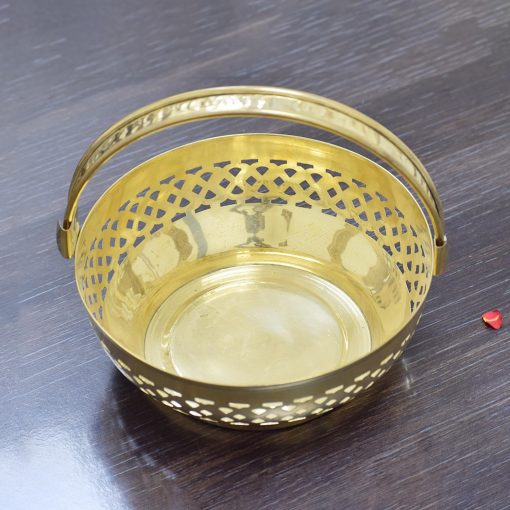 Traditional Brass Round Shape Puja Flower Basket, Temple Basket (Gold, Diameter 8 Inch)