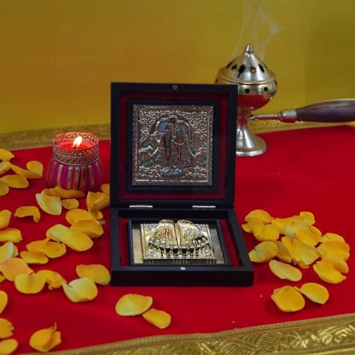 Radha Krishna Shubh Labh Charan Paduka Return Pooja Gift Box Set Decorative Showpiece - 3 cm