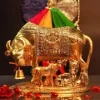 Metal Kamdhenu Cow with Calf and Krishna Figurine Decorative Showpiece