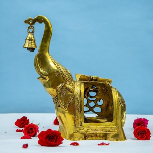 Brass Elephant Lamp with Small Diya,Dhoopdani Elephant Holder with Bell (10.5 Inch height ) - Image 5